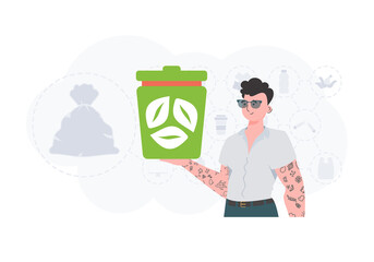 The concept of ecology and recycling. Stylish man holding a trash can in his hands. Trendy character style. Vetcor.