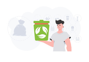The concept of ecology and recycling. Stylish man holding an urn in his hands. Trendy character style. Vetcor.