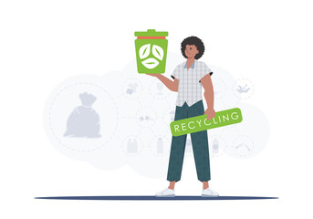 The concept of recycling and zero waste. A man holds a trash can in his hands. Trendy character style. Vetcor.