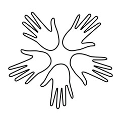 The hands of multiethnic people are arranged in a circle with a black outline on a white background. Coloring. Loving hands show support. Vector.