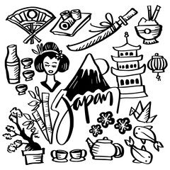 Set of Japan doodles elements hand drawn 