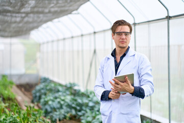 Scientis hold a tablet for portrait and quality of vegetables in greenhouse, Science Organic farm