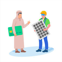 Arab muslim investor in solar energy electricity contract with repairman vector illustration