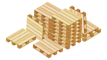 Stacks of isometric pallets and near lying and stand leaning for packaging and transportation isolated on white background.