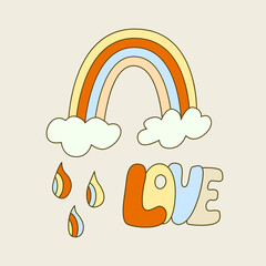Hippie vibe poster with rainbow and clouds. Retro 70s  vector illustration. Groovy cartoon style. Love hand drawn lettering.