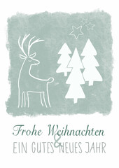 Fototapeta na wymiar Weihnachten Weihnachtskarte Elch Hirsch Tannen auf Grün Mint handgezeichnet Frohe Weihnachten