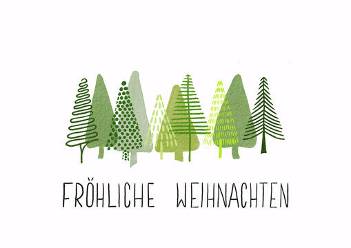 Weihnachten Weihnachtskarte mit Tannenb&auml;umen Fr&ouml;hliche Weihnachten handgemalt
