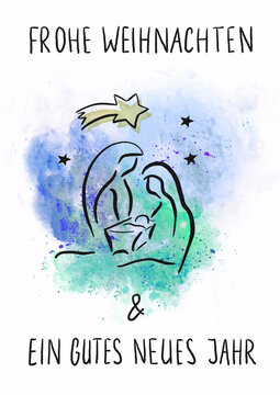Weihnachten Weihnachtskarte handgemalt mit Krippe Weihnachtsmoti, Maria Josef Weihnachtsstern