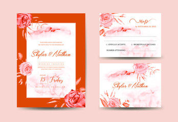 Elegant watercolor terracotta floral wedding card and RSVP templates 
