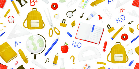 Back to school seamless pattern with school supplies