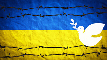 STOP WAR IN UKRAINE background - Abstract patriotic yellow blue painted colored cracked concrete...