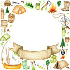 Watercolor camp set border, adventure outdoor tourist camping symbols frame Tent Bonfire Axe Torch Multifunction knife Compass , active travel vacations sport for summer isolated illustration on white