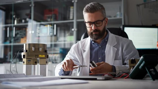 Robotics engineer working on desing of modern robotic arm adn sitting at desk in laboratory.