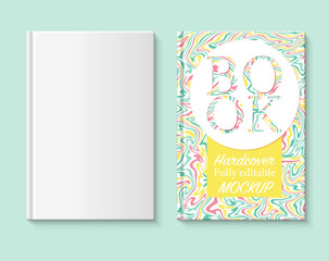 Fully editable book mockup. Book cover with marbled paper in green yellow and red colors
