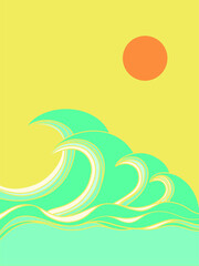 Fototapeta na wymiar Ocean big waves poster with sunshine abstract background. Sea art landscape illustration