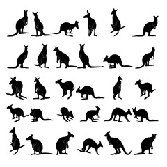 Collection of black silhouettes kangaroos.