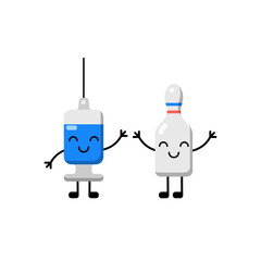 Syringe and ampoule medicine in modern kawaii style. Vector simple funny cartoon medicine. Medicine, pharmacy concept, health, treating the sick, injections 