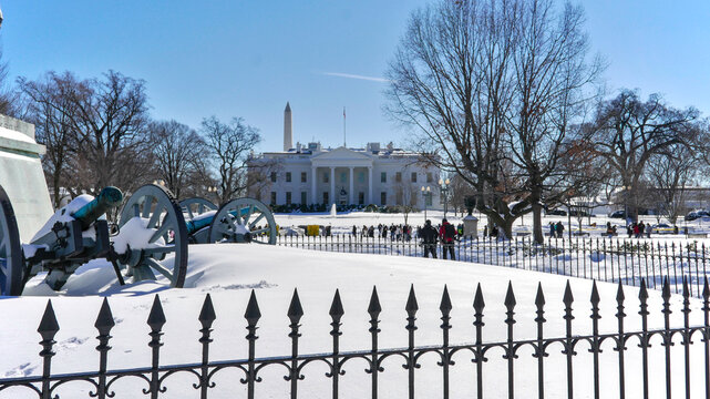 White House Under Snow During Sunny Day, Washington, DC, USA 