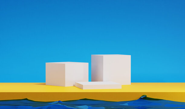 3 white stage with yellow podium in blue sky background. Perfect for showing product and presentation. Fits on any product and beverages. -3D Rendering