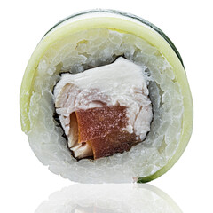 Roll Sushi isolated on white background. Close up view with reflection.