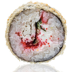 Roll Sushi isolated on white background. Close up view with reflection.