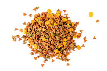 A handful (pile) of dry cat food on a white isolated background. Balanced nutrition of pets....