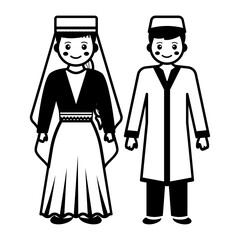 Tubeteikas with silk shirt vector icon design, World Indigenous Peoples symbol, characters in casual clothes Sign, traditional dress stock illustration, uzbek couple standing togather Concept
