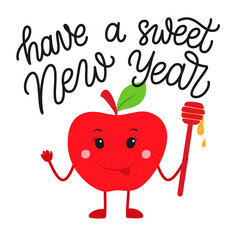 Have a sweet New Year. Rosh hashanah greeting card with a cute apple character and honey. Vector illustration