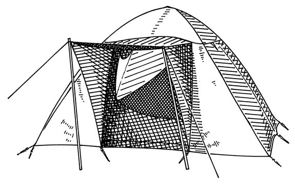 recommend clip art: Black and white illustration of a tent in line technique