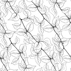 Seamless pattern. Tree branch with leaves. Hand-drawn raster illustration for fabric, wallpaper, wrapping paper. Endless background.
