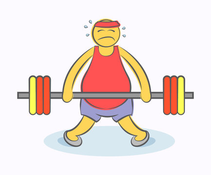 Concept of sport failure and defeat. Unsuccessful athlete. Man can't get up with barbell. Hand drawn cartoon doodle vector illustration. Funny person.