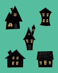 Set of halloween houses. Black silhouettes of houses on a green background. Vector illustration