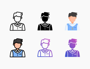 Student Boy icon set with different styles. Style line, outline, flat, glyph, color, gradient. Editable stroke and pixel perfect. Can be used for digital product, presentation, print design and more.