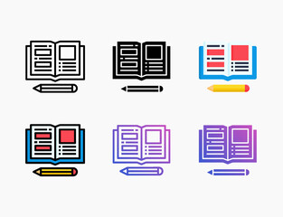 Open Book icon set with different styles. Style line, outline, flat, glyph, color, gradient. Editable stroke and pixel perfect. Can be used for digital product, presentation, print design and more.