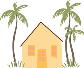 illustrations with cute small houses clipart, compositions with ice cream truck, beach cafe clip art, Cozy city street with tiny buildings and green trees png, flat cartoon vector illustration