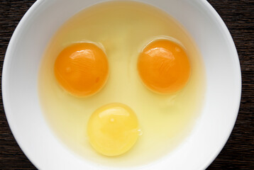 top view of raw egg yolks yellow and orange in a white plate, cooking homemade scrambled eggs or omelet. The concept of cooking healthy food.