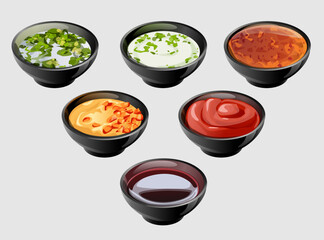 composition in ceramic saucers of various sauces and ketchup, mayonnaise, soy sauce, plum, sweet and sour, spicy, sauce with finely chopped herbs. Oriental cuisine. Japanese, Chinese, Thai cuisine.