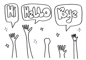 Applause hand draw on white background with hi, hello, bye text.vector illustration.