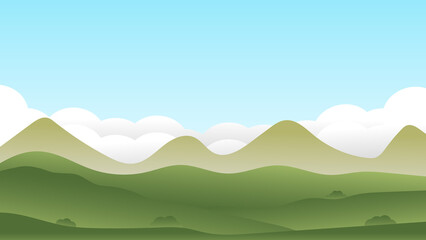 landscape cartoon scene with green bush on hills and white cloud in blue sky background