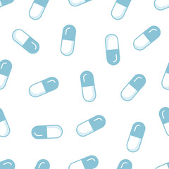 Seamless vector line pattern of blue capsules or pills on white background.