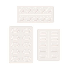 A set of tablets and capsules of different forms. A set of vitamins packaging icons.