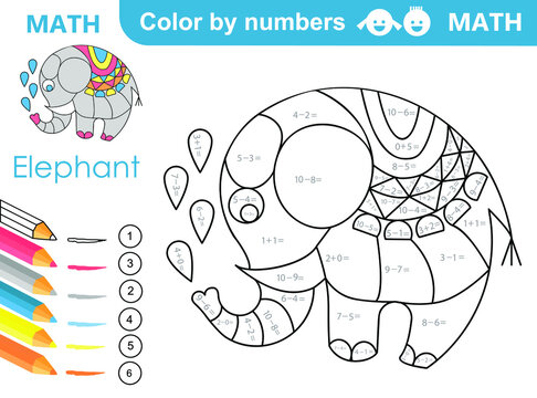 Color by number. Elephant. Addition and subtraction worksheet for education. Coloring book. Solve examples and paint elephant. Math exercises worksheet. Developing counting learn for kids