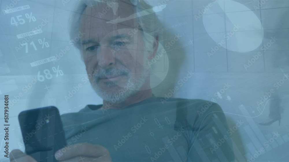 Aufkleber animation of data processing over caucasian men using smartphone