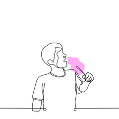 man eating cotton candy - one line drawing vector. concept adult eating pink cotton candy