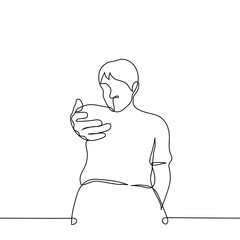 man stands and looks down at the viewer and extends his hand to help him up - one line drawing vector. concept true friend, offer help