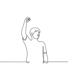 man stands with his fist up - one line drawing vector. concept leadership, revolution, rebellion and uprising, victory gesture, motivation