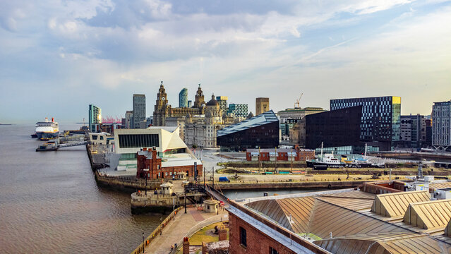 drone view of Liverpool city - Albert dock - Royal Liver Building - aerial photography