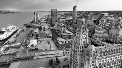 drone view of Liverpool city - Albert dock - Royal Liver Building - aerial photography