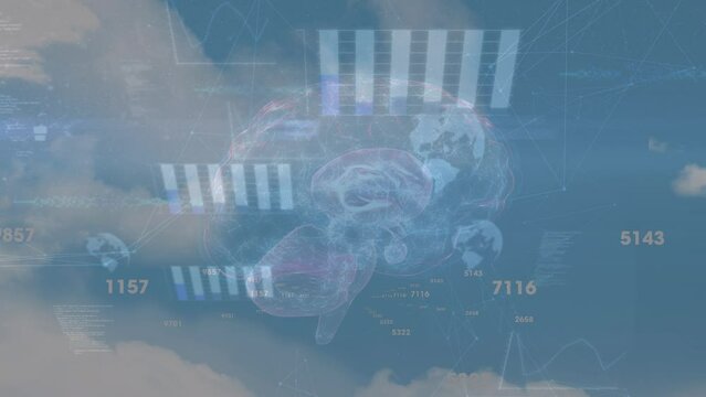Animation of numbers and brain over clouds