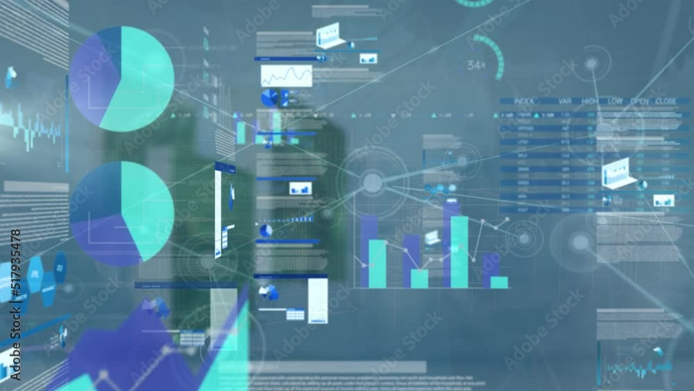 Poster animation of connections, graphs and data on dark background